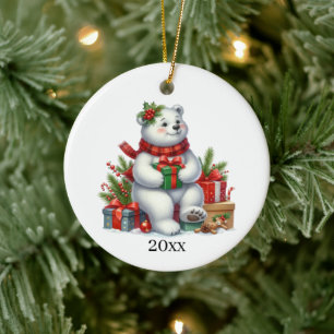 Süßer Eisbär fügt Datum und Nachricht Weihnachten Keramik Ornament