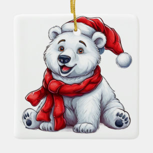 Süßer Eisbär mit Weihnachtsmannmütze und -schal Keramikornament