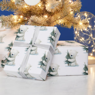 Süßer Eisbär umarmt Weihnachtsbaum, Niedlich Geschenkpapier