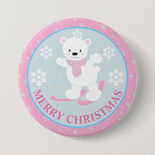 Süßer Eisbär und Schneeflocken Rosa Weihnachten Button