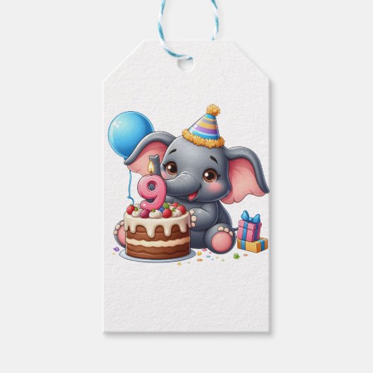 Süßer Elefant 9. Geburtstag Geschenkanhänger (Vorderseite)