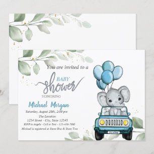 Süßer Elefant,Auto,Ballons, Blätter Baby Shower Einladung