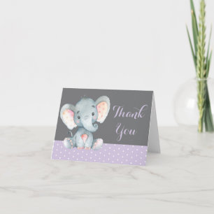 Süßer Elefant Baby Mädchen Lila und Grau Dankeskarte