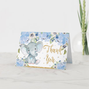 Süßer Elefant Blaues Florales Baby Shower Dankeskarte