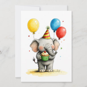 Süßer Elefant & Cupcake Kinder Geburtstag Flat Karte