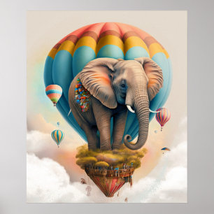 Süßer Elefant Heißluftballon Whimsical Tier Poster