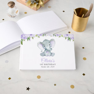 Süßer Elefant, lila Blumen, erster Geburtstag Gästebuch