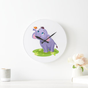 Süßer Elefant mit Schmetterlings-Wanduhr Große Wanduhr