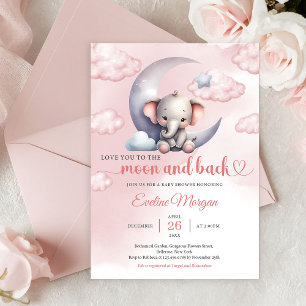 Süßer Elefant Mond und zurück Mädchen Baby Shower Einladung