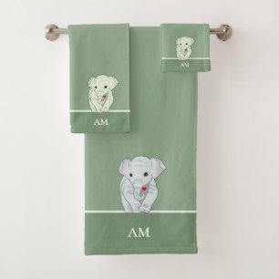 Süßer Elefant & Monogramm auf Grün Badhandtuch Set