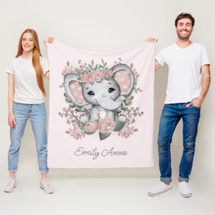 Süßer Elefant Rosa Blumen Grünzeug Kindername Fleecedecke
