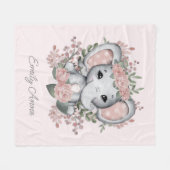 Süßer Elefant Rosa Blumen Grünzeug Kindername Fleecedecke (Vorderseite (Horizontal))