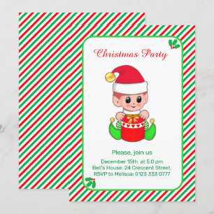Süßer Elf auf grünem, rot gestreiftem Weihnachtsfe Einladung