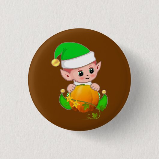 Süßer Elf mit Kürbis auf Braun Button (Vorderseite)