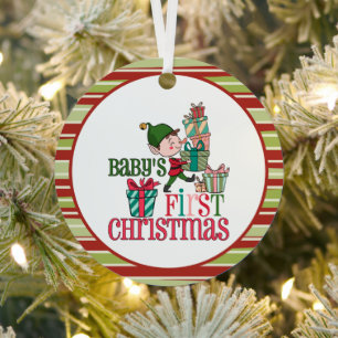 Süßer Elf trägt Geschenke Baby's erstes Weihnachte Ornament Aus Metall