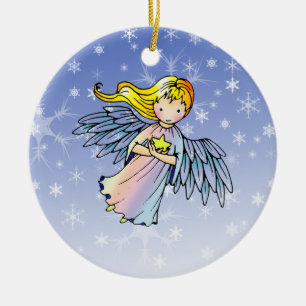 Süßer Engel mit Stern hält Weihnachtsbaumschmuck Keramikornament