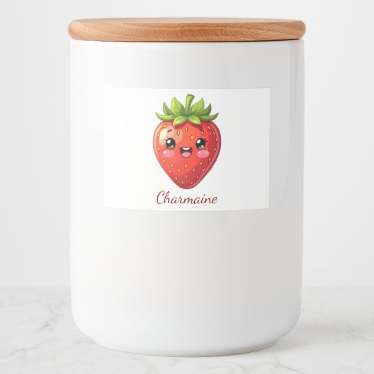 Süßer Erdbeeren-Kawaii-Monogramm Lebensmitteletikett (Vorderseite)