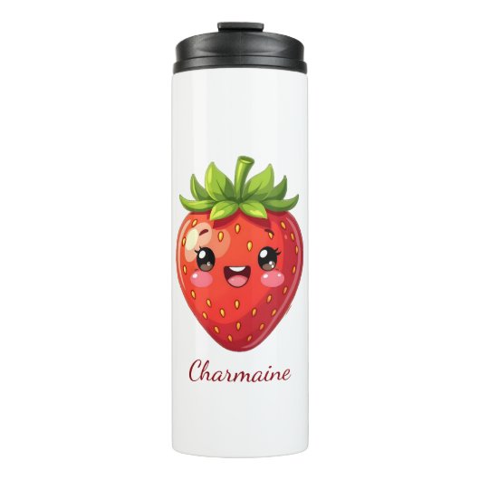 Süßer Erdbeeren Kawaii Monogramm Thermosbecher (Vorderseite)