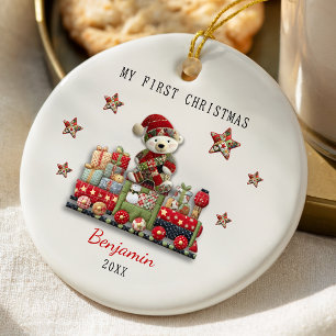 Süßer erster Baby-Weihnachts-Patchwork-Bären-Zug Keramik Ornament