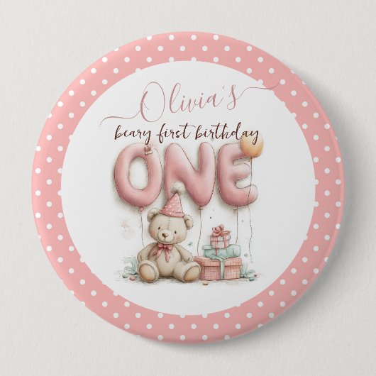 Süßer erster Geburtstag mit Teddybär  Button (Vorderseite)