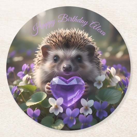 Süßer Februar-Igel mit Amethyst-Herz Runder Pappuntersetzer (Vorderseite)