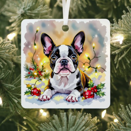 Süßer festlicher Boston Terrier personalisiertes W Ornament Aus Metall (InSitu)