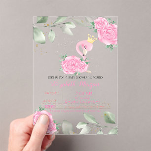 Süßer Flamingo, Blätter, Florale Babyparty Acryleinladungen