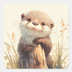 Süßer flauschiger Otterbaby hält Holzstamm im Wass Quadratischer Aufkleber