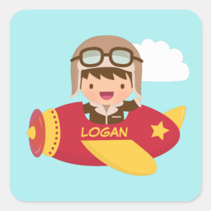 Süßer Fliegerjunge Flugzeugabenteuer für Kinder Quadratischer Aufkleber