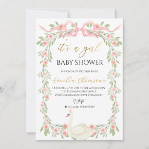 Süßer floraler Schwan Blush Rosa Band Babyparty Einladung