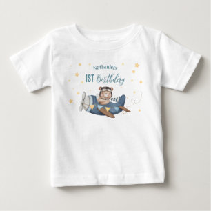 Süßer Flugbär Blaues Vintage-Flugzeug Geburtstag Baby T-shirt