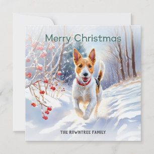 Süßer Fox Terrier Hund im Schnee Frohe Weihnachten
