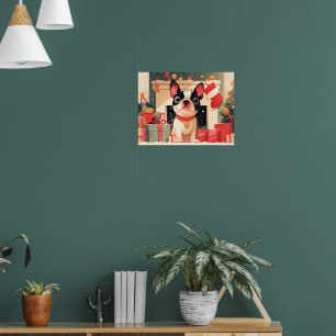 Süßer Französischer Bulldogge am Weihnachts-Kamin Poster