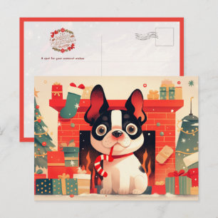 Süßer Französischer Bulldogge am Weihnachts-Kamin Postkarte
