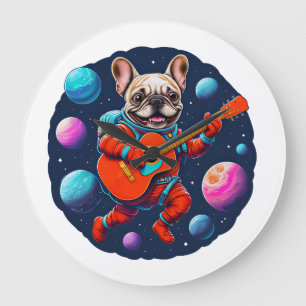 Süßer französischer Bulldogge-Astronaut spielt Git Große Wanduhr