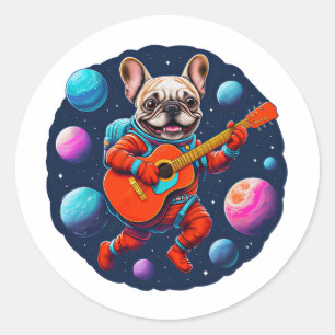 Süßer französischer Bulldogge-Astronaut spielt Git Runder Aufkleber