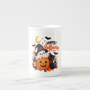 Süßer Froher Halloween-Geist Kürbis Schwarze Katze Porzellantasse