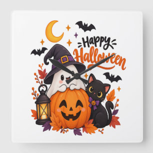 Süßer Froher Halloween-Geist Kürbis Schwarze Katze Quadratische Wanduhr