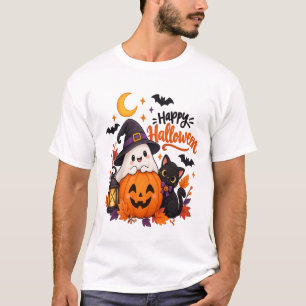 Süßer Froher Halloween-Geist Kürbis Schwarze Katze T-Shirt