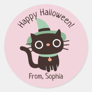 Süßer Froher Halloween-Schwarzer-Katzen-Hexenhut-A Runder Aufkleber