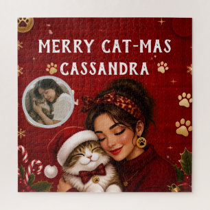 Süßer Froher Katz-en-Weihnachts-Rot-Weihnachts-Fot Puzzle