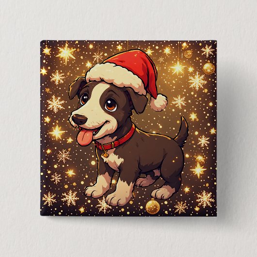 Süßer fröhlicher Weihnachtshund mit Santa-Hut Button (Vorderseite)