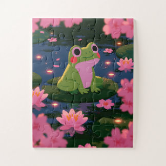 Süßer Frosch auf Seerosenblatt Rosa Lotusblumen Te Puzzle