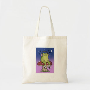 Süßer Frosch hört Musik auf Pilz-Illustration Tragetasche
