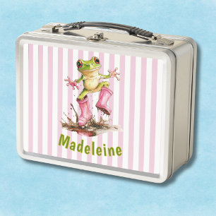 Süßer Frosch in rosa Regenstiefeln mit Monogramm u Metall Brotdose