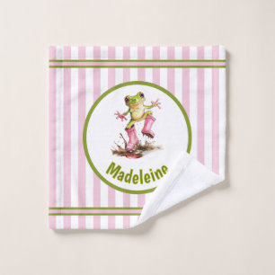 Süßer Frosch in rosa Regenstiefeln Monogramm gestr Badhandtuch Set