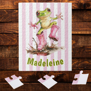 Süßer Frosch in rosa Regenstiefeln Monogramm Puzzle