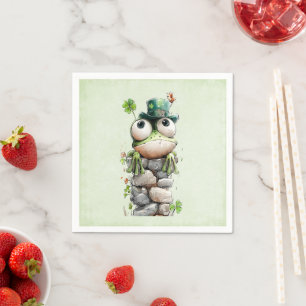 Süßer Frosch mit grüner Mütze und Kleeblatt Serviette