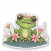 Süßer Frosch mit rosa Blume Wasserdicht Aufkleber (Vorderseite)