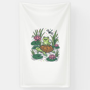 Süßer Frosch reitet auf einer Schildkröte Teich Vi Banner